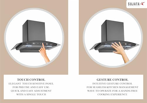 Image of Sujata Chimney For Kitchen 60cm | 12 Yrs Warranty on Motor & 5 Yrs on Whole Product | 130 W Motor, 1350 m /hr, Kitchen Chimney For Home, Filter Less Auto Clean With 3 Speed Motion Sensor (Pearl Black)