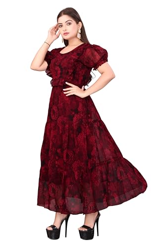 Image of Tree Elegant Women's Georgette Flared Midi Dress - Lightweight with A-Line Silhouette for Brunch, Casual & Festive Occasions