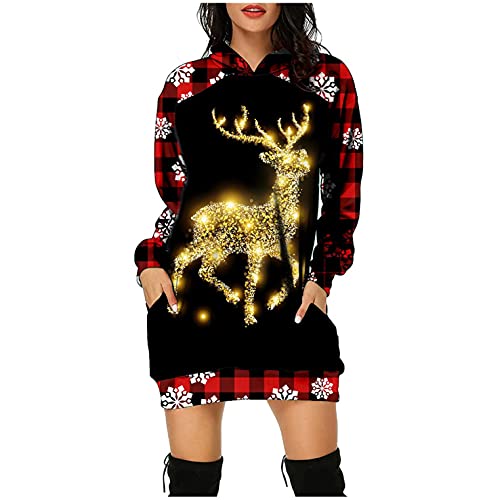Women s Christmas Printed Tunic Dress Oversized Knee Hoodie Dresses Xmas Plaid Sweatshirt Casual T-Shirt with Pockets S-3XL