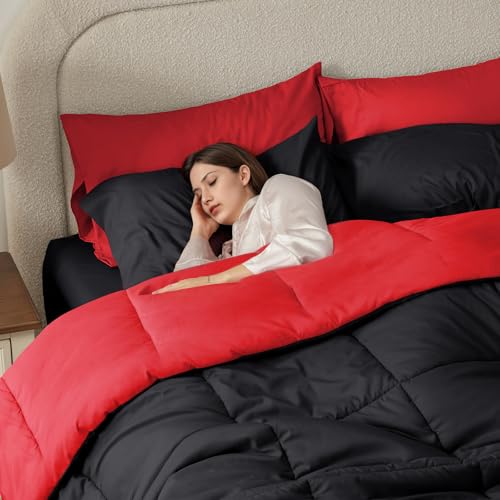 Anluoer King Size Comforter Set 7 Pieces, Reversible Bed in a Bag King Size,Lightweight Bedding Set with 1 Comforter(102*90") , 2 Pillow Shams, 2 Pillowcases, 1 Flat Sheet , 1 Fitted Sheet,Red & Black