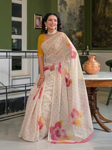 Image of SIRIL Women's Cotton Linen Printed Zari Border Saree with Unstitched Blouse Piece