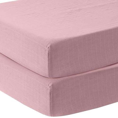 Image of MOZAH Organic Muslin Crib Sheets, Soft and Breathable Bedding for Baby Girls or Boys, Snug Fitted Sheet for Standard Cribs & Toddler Mattresses, 2 Pack, Pink
