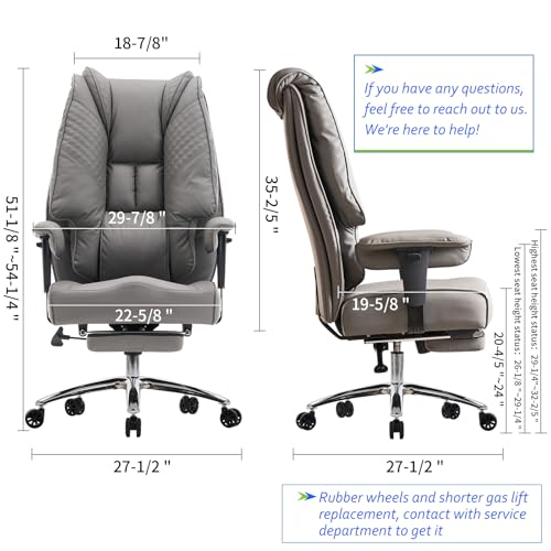 Big and Tall Office Chair 400lbs Wide Seat, Leather High Back Executive Office Chair with Foot Rest, Ergonomic Chairs Lumbar Support for Lower Back Pain Relief (Grey)