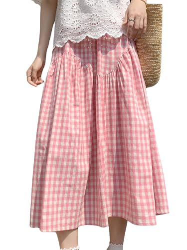 Women's Summer High Waist Plaid Gingham Skirt Casual Swing A Line Midi Skirt