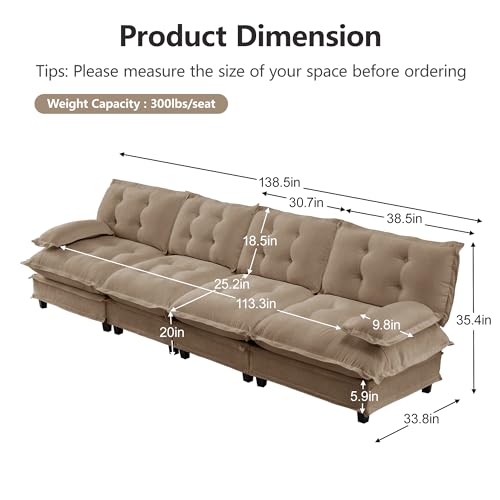 Image of 139 inch Sectional Sleeper Sofa, Modular Deep Seat Couches for Living Room Apartment, Flexible Module Combination Cloud Sofa with Spring Support, Easy Assembly, Coffee