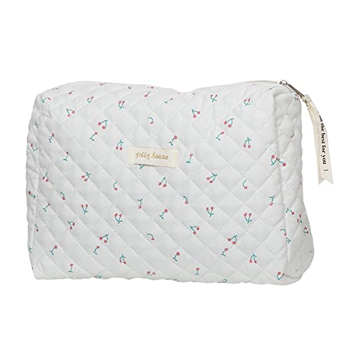 Baonmy Cotton Makeup Bag, Kawaii Floral Cosmetic Bag, Large Travel Toiletry Bag, Quilted Cosmetic Pouch for Women, Makeup Organiser Bag, Zipper Pouch, White/Opulent Garden, M, Kawaii