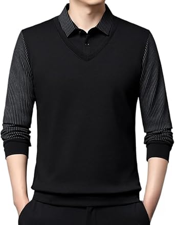Mens Striped Lapel Fake Two-Piece Shirt, Long Sleeve Polo Shirts Casual Basic Business Shirts for Men