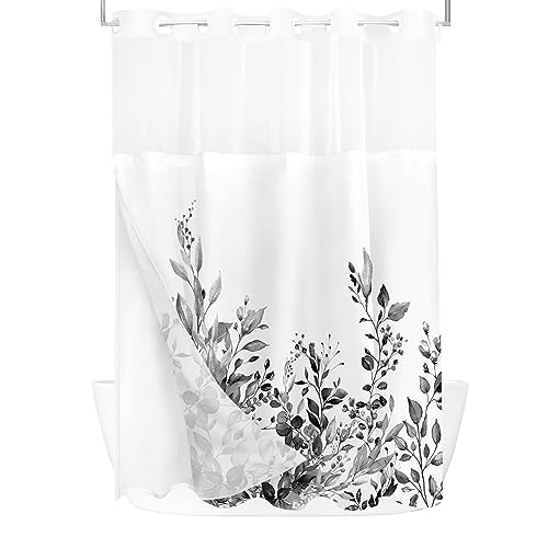 Tititex No Hooks Snap in Liner Black Eucalyptus Leaves Shower Curtain Sets, Hotel Luxury Double Layers Waterproof Fabric & See-Through Top Window Bathroom Decorative 60x72 Inch - Thumbnail 4
