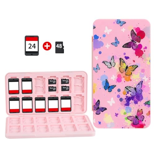 FlyingMage Switch 2 Game Case Holder for Nintendo Switch 2/OLED/Lite Games &amp; Micro SD Cards, Cute Switch2 Game Card Holder Cartridge Case with 24 Slots Game Card Storage - Pink Butterfly