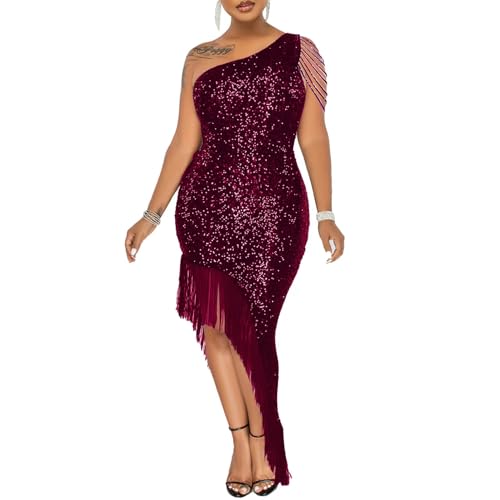 Image of Cololura Women Sequin Elegant Sexy Tassels One Shoulder Mermaid Bodycon Cocktail Evening Midi Party Formal Dress