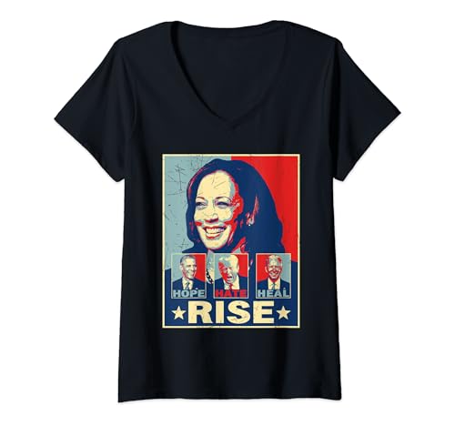 Womens Retro Hope Hate Heal Rise Support Kamala USA Election 2024 V-Neck T-Shirt
