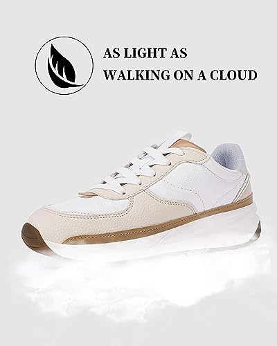 Coutgo Womens Lace Up Platform Sneakers Retro Colorblock Faux Leather Suede Splicing Comfortable Non Slip Athletic Walking Shoe,White thumb #2
