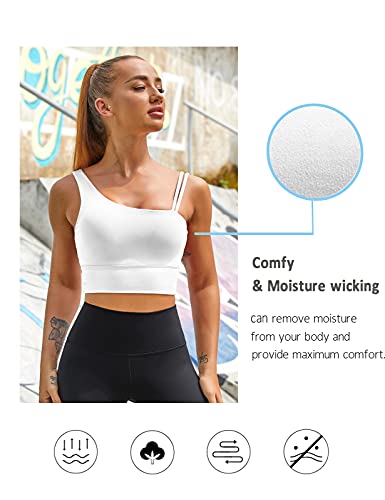 Image of MELYUM Longline Sports Bras for Women One Shoulder Workout Tank Tops with Built in Bra Supportive Crop Yoga Top Padded