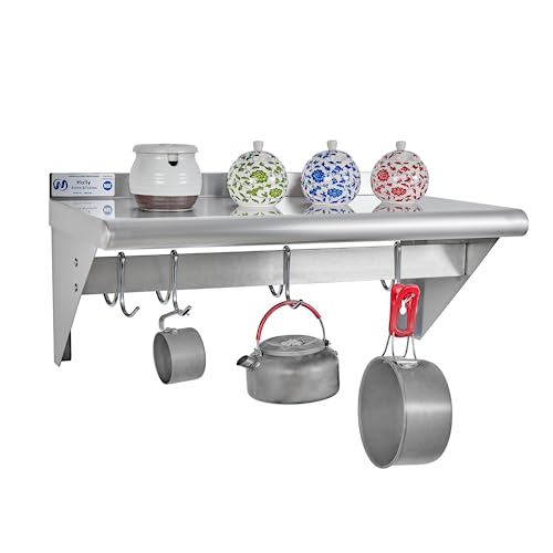 Image of Hally Stainless Steel Shelf with 4 Hooks 12 inch x 24 inch Wall Mounted Pot Rack, NSF Commercial Floating Shelving for Storage Hanging Pots, Pans, cookware in Restaurant, Kitchen, Home and Hotel