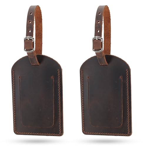 Toprank Leather Luggage Tag for Suitcase Full Grain Leather Travel ID Tag with Privacy Cover Buckle Strap & Information Card Durable Baggage Tag (Tan 2 Pack)