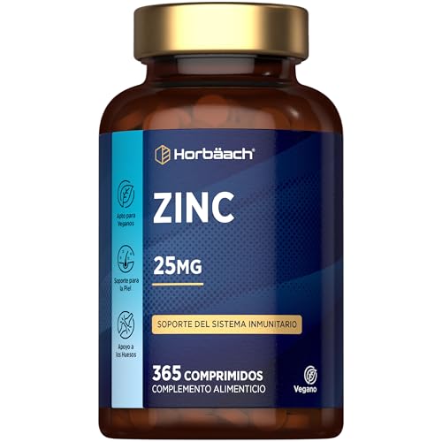 Zinc 25mg | 1 Año de Suministro - 365 Comprimidos (no cápsulas) | Para el Pelo, Piel, Uñas y Reforzar Sistema Inmunológico | 25mg de Gluconato de Zinc al día | Alta Absorción | Horbaach