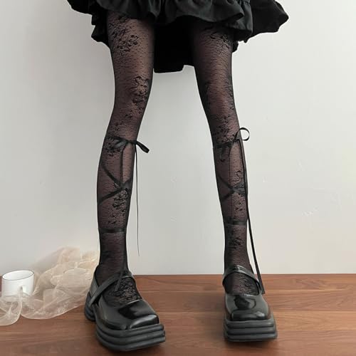 Image of Women's Lolita Patterned Tights Kawaii Bow Fishnet Stockings Lace Pantyhose | Semi See Through Tights Hollow Out Leggings Socks