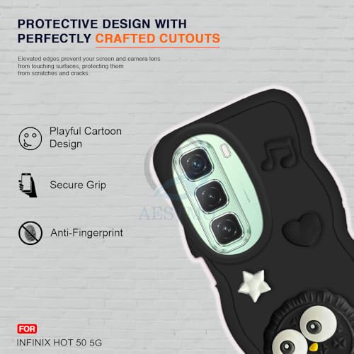 Image of AESTMO Back Case Cover for Infinix Hot 50 5G | 3D Cute Fun Cartoon Characters | Anti Slip Grip Cute Wave Curly Frame Shape | Full Body Protection Back Cover for Infinix Hot 50 5G (Black)