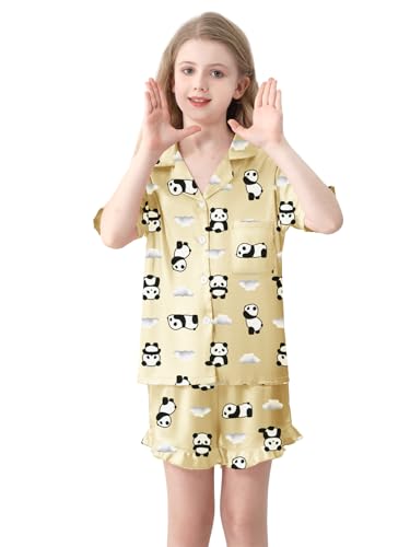 QZH.DUAO Girls Satin Silky Collar V Neck Ruffle Short Sleeve Top and Shorts Pajamas Set, Yellow Panda, 13-14 Years2