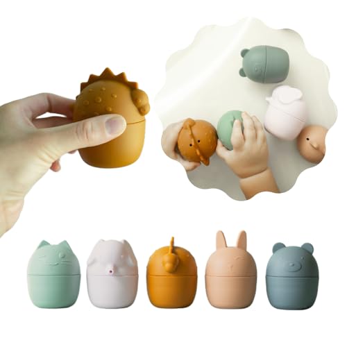 Image of Rayplay Silicone Bath Toys: Set of Five Collapsible Animals, Dishwasher Safe, Food-Grade Silicone, Cute Neutral-Colored Pool Toys
