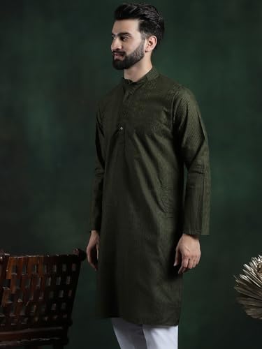 Image of SOJANYA (Since 1958 Men's Pure Cotton Checked Embroidered Long Kurta | Traditional for Diwali Celebrations