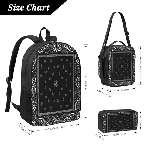 Black Paisley Bandana 3PCS Backpack, Cute Shoulder Backpacks Lightweight Durable Laptop Bag, 17 Inch Backpack3