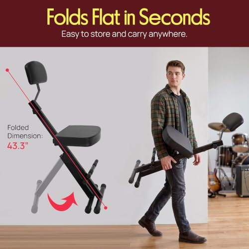 Image of Pyle Drum Throne - Guitar Stool, Foldable & Portable Chair w /Backrest & Footrest, Adjustable Music Stool for Adults, Padded Cushioned Seat & Back