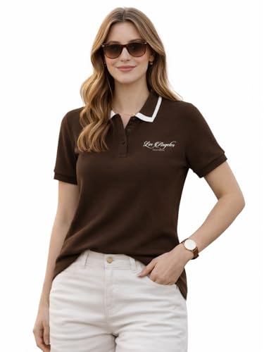 Image of JUNEBERRY Women's Regular Fit Lycra Polo T-Shirt with V- Neck Buttoned Placket, Classic Collar, and Contrast Trim, Soft Fabric for All-Day Comfort (Sizes S to 2XL)