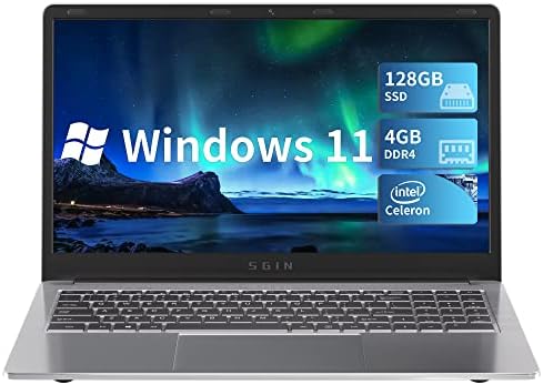 SGIN Laptop 15.6 Inch, 4GB DDR4 128GB SSD Windows 11 Laptops with Intel Celeron N4020C(up to 2.8 GHz), Intel UHD Graphics 600, Mini HDMI, WiFi, Webcam, USB3.0, Bluetooth 4.2