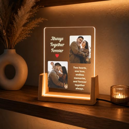 Image of Giftplease Personalized LED Acrylic Photo Frame with Custom Photos & Text | Engraved Acrylic Picture Lamp | USB Warm LED Night Light | Anniversary, Wedding, Birthday, Couple, Family, Home Decor