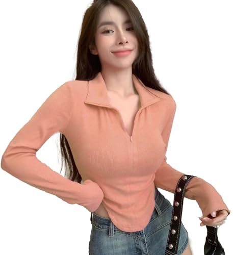 Image of Istyle Can Women's Top Solid Long Sleeve Ribbed Asymmetric Hem Casual T-Shirt with Zipper Collar. Full Sleeve, Rib Knit, Plain, Slim Fit