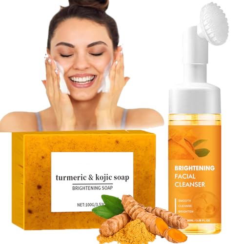 Kojic Acid & Turmeric Soap,2PCS Turmeric Foaming Facial Cleanser,Deep Nourishing &Even Skin Tone,Reduce Ance& Hydrating,Vitamin C Kojic Acid And Soap