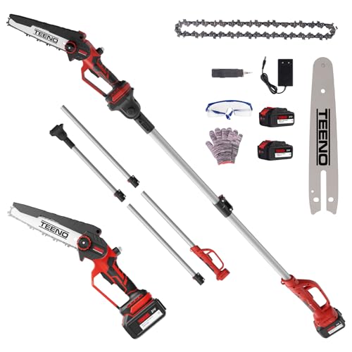 TEENO Motosierra Bateria, Sierra Electrica Podar Arboles, Mini Motosierra Telescopica, 2 en 1 Kit de Herramientas de Jardín con 2 * 4000 mAh Baterías, Alcance Máximo Hasta 2,6 m