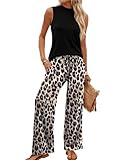 WIHOLL 2 Piece Set for Women Summer Spring Outfits Cruise Travel Airport Beach Vacation Clothes Fashion Lounge Sets Business Casual Mock Neck Matching Women Clothing Wide Leg Pants Set L