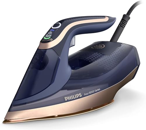 Philips 8000 Series DST8050/26 - Steam Iron, 3000W, 260g/min Boost Shot, 85g/min Continuous Output, SteamGlide Elite Rosecopper Soleplate, Dark Blue and Gold