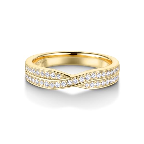 Real Diamond Rings for Women, Twisted Gold Diamond Wedding Bands for Her, 18K Gold Plated S925 Promise Diamond Rings, Yellow Gold Anniversary Rings, Half Eternity Ring Stackble Rings
