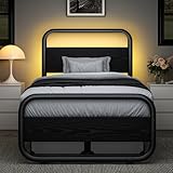 Catrimown Twin Bed Frame with LED Lights, Heavy Duty Metal Rustic Twin Platform Bed Frame with Wood Headboard, Under Bed Storage, Noise Free, No Box Spring Needed, Black