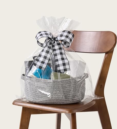 Image of Small Woven Gift Basket Empty with Bag & Ribbon, Storage Basket for Father's Day for Dad, Baby Shower, Raffle, Birthday, Cute Organizer with Handles, 12 inchx8 inchx5 inch, Gray /Black Check