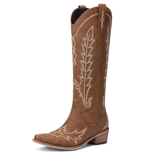 Image of Rivalran Cowboy Boots for Women - Knee High Pointed Toe Chunky Heel Pull On Zipper Western Cowgirl Boots, Retro Country Vintage Fashion Tall Boots