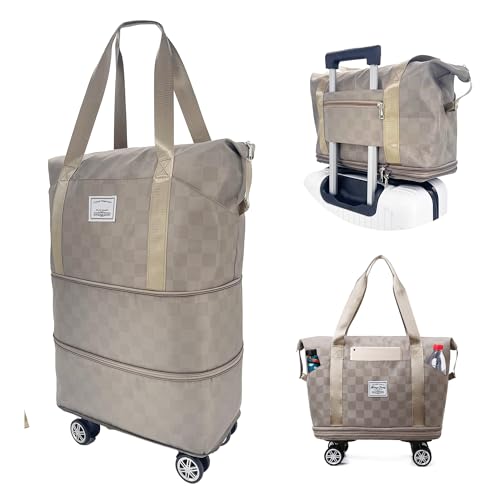 Borsa da Viaggio Con Ruote Pieghevole di Grande Capacità - Espandibile, Ruote Rimovibili, Scomparto Bagnato per Sport, Fitness - Weekender Cachi