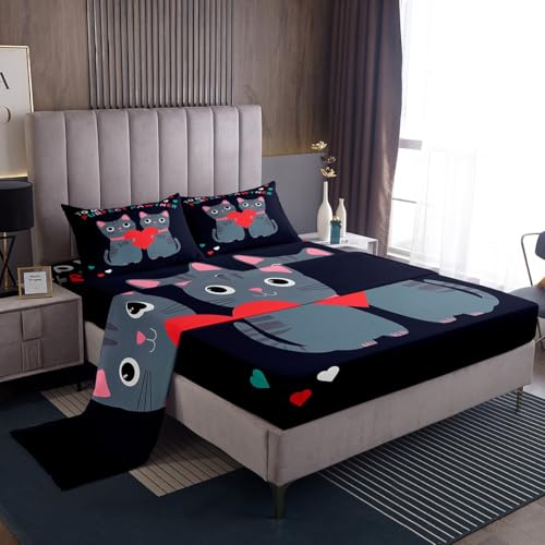 richhome Juego de sábanas de tamaño individual con estampado de gatos, sábana bajera ajustable para niños y niñas, decoración de lindo gatito, mascota, corazón, juego de ropa de cama transpirable