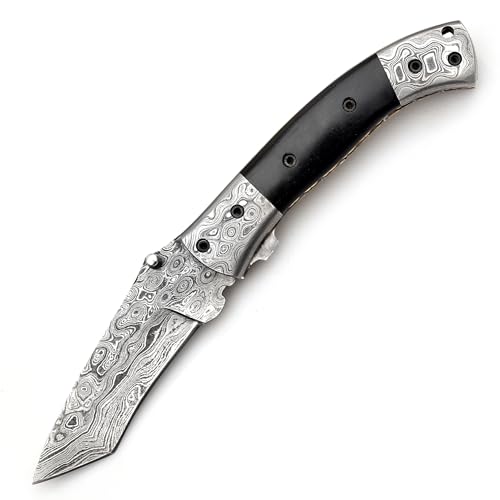 PAL 2000 KNIVES Handmade Damascus Steel 7 Inches Folding Pocket Knife - Bull Horn Handle with Sheath 3119