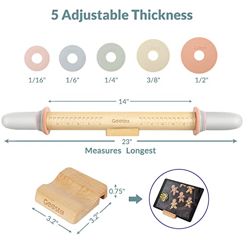 Image of Geesta Adjustable Wood Rolling Pin with 5 Thickness Rings, Precise Dough Roller Handle Press Design with Measurement Guide for Fondant, Pizza, Pie Crust, Cookie, Pastry Baking Decorating Accessories