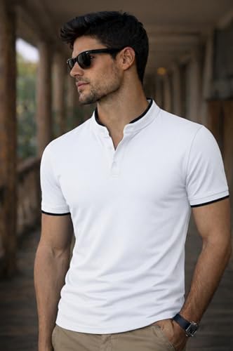 Image of Dagcros Men Polo T-Shirt, with White Trim, Short Sleeve, Button Collar Tshirt for Mens