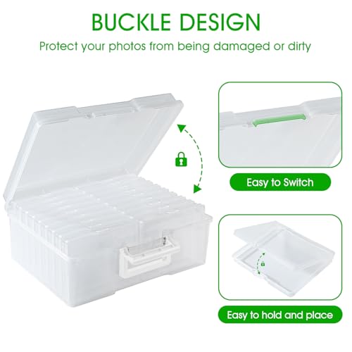 FAAYUCK Photo Storage Box 5 x 7 Inches, 18 Inner Extra Large Photo Boxes with Dividers, Clear Acid-Free Photo Storage Containers with Handle, Photo Organizer Craft Keeper for Photo, Craft, Stamp etc