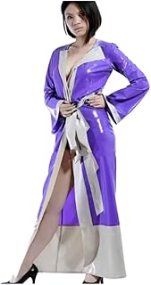 Chaqueta larga 100 % de goma de látex, color morado, ribete blanco, cinturón blanco, juego de rol, S-7XL, 0,4 mm