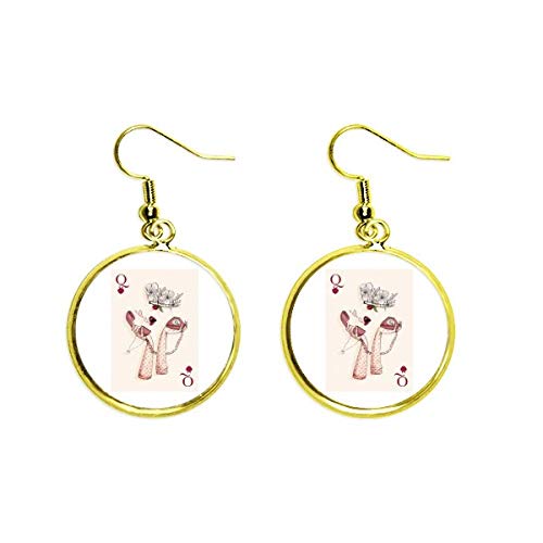 Pendientes largos de corazón dorado con patrón de cartas de póker para mujer