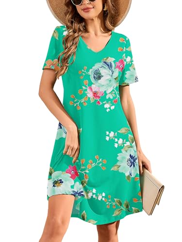 Image of DEARCASE Summer Dresses for Women V-Neck Short Sleeve T Shirt Dress Casual Flowy Swing Beach Vacation Mini Sundress