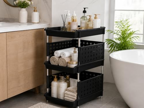 Image of KITCHIVO Multipurpose Storage Rack Organizer with Stainless Steel Pipes | Heavy Duty Plastic Shelf Stand for Kitchen, Bathroom, Laundry & Pantry (Black, 3 Layer)