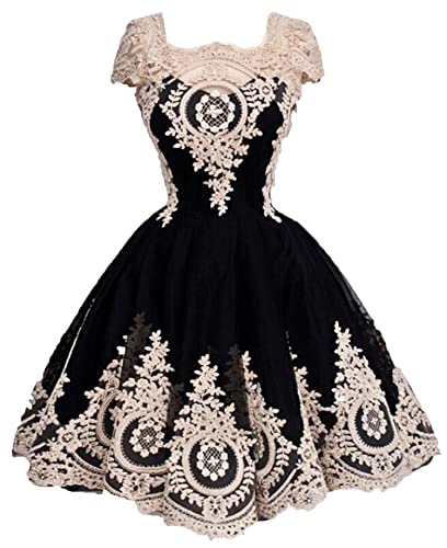 Meijia Handicraft Square Lace Applique Homecoming Prom Dresses Short Capped Black
